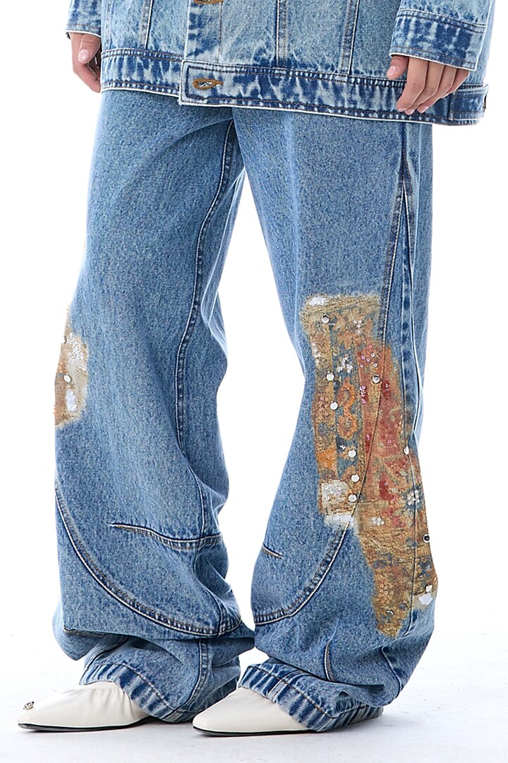 Denim Blue Cotton Embellished & Printed Pants by Kanika Goyal at Pernia's Pop Up Shop