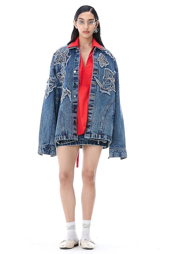 Denim Blue Cotton Embroidered Jacket by Kanika Goyal at Pernia's Pop Up Shop