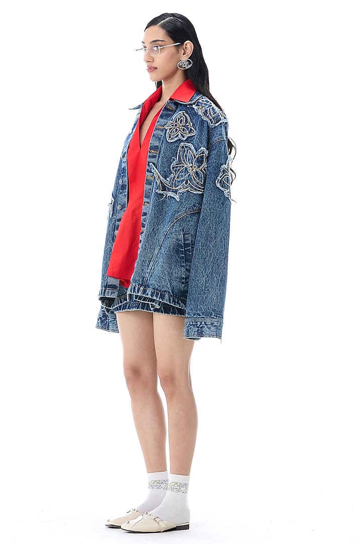 Denim Blue Cotton Embroidered Jacket by Kanika Goyal at Pernia's Pop Up Shop