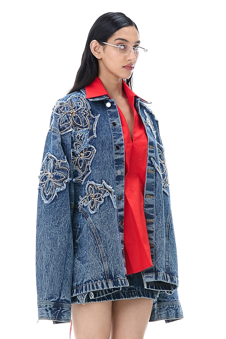 Denim Blue Cotton Embroidered Jacket by Kanika Goyal at Pernia's Pop Up Shop