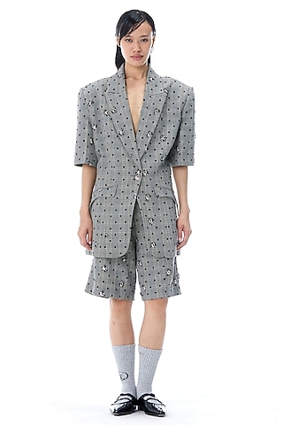 Grey Polyester Embellished Blazer by Kanika Goyal