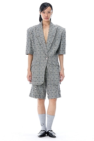 Grey Polyester Embellished Straight-Fit Plaid Shorts by Kanika Goyal