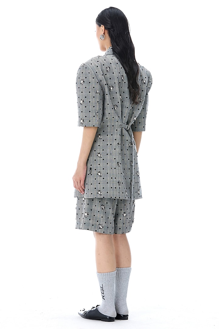 Grey Polyester Embellished Straight-Fit Plaid Shorts by Kanika Goyal at Pernia's Pop Up Shop