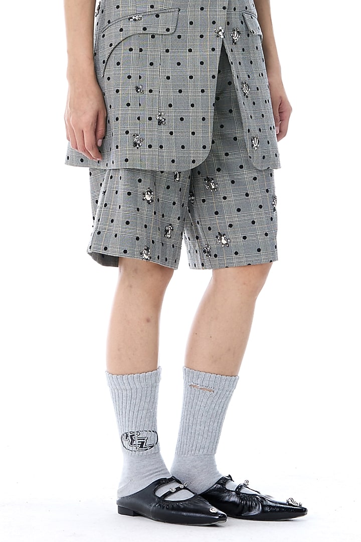 Grey Polyester Embellished Straight-Fit Plaid Shorts by Kanika Goyal at Pernia's Pop Up Shop