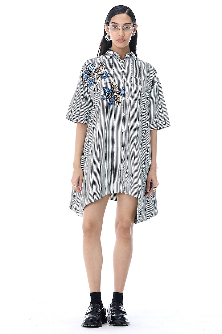 Grey Cotton Embellished Oversized Vacation Shirt Dress by Kanika Goyal at Pernia's Pop Up Shop