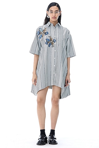 Grey Cotton Embellished Oversized Shirt Dress by Kanika Goyal