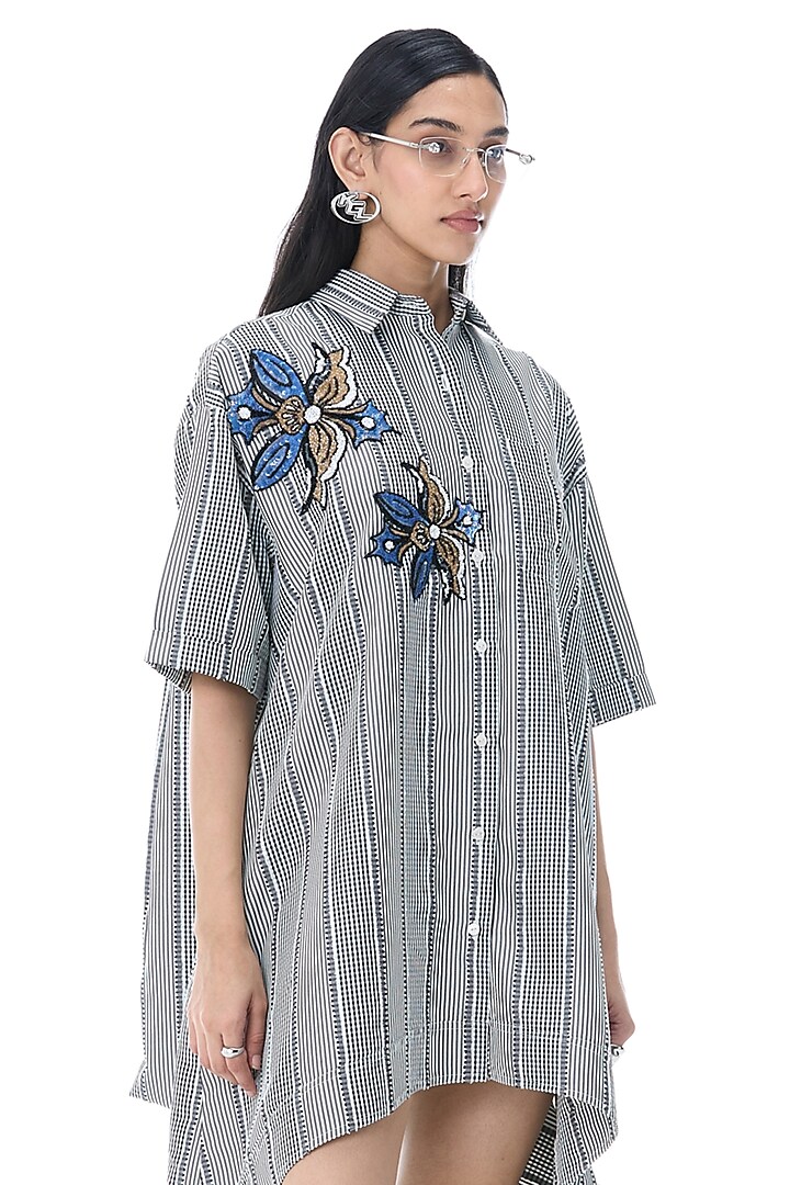 Grey Cotton Embellished Oversized Vacation Shirt Dress by Kanika Goyal at Pernia's Pop Up Shop
