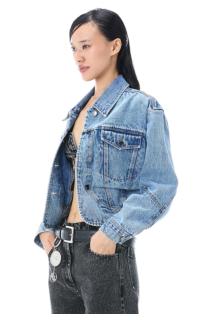 Denim Blue Cotton Cropped Jacket by Kanika Goyal at Pernia's Pop Up Shop