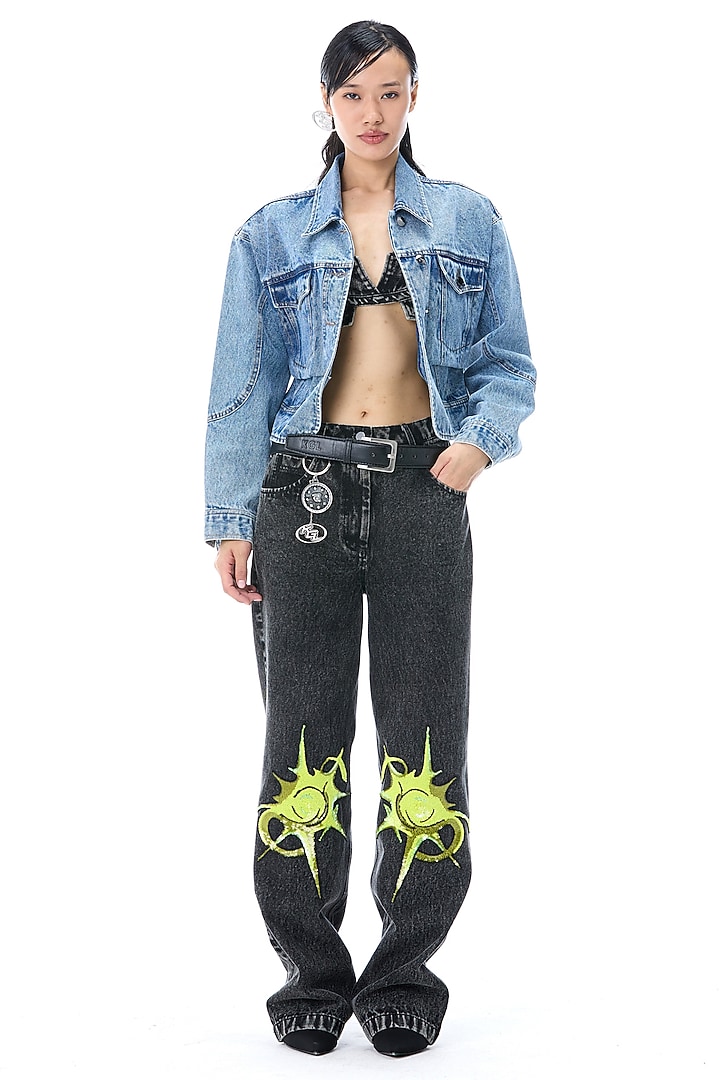 Denim Blue Cotton Cropped Jacket by Kanika Goyal at Pernia's Pop Up Shop
