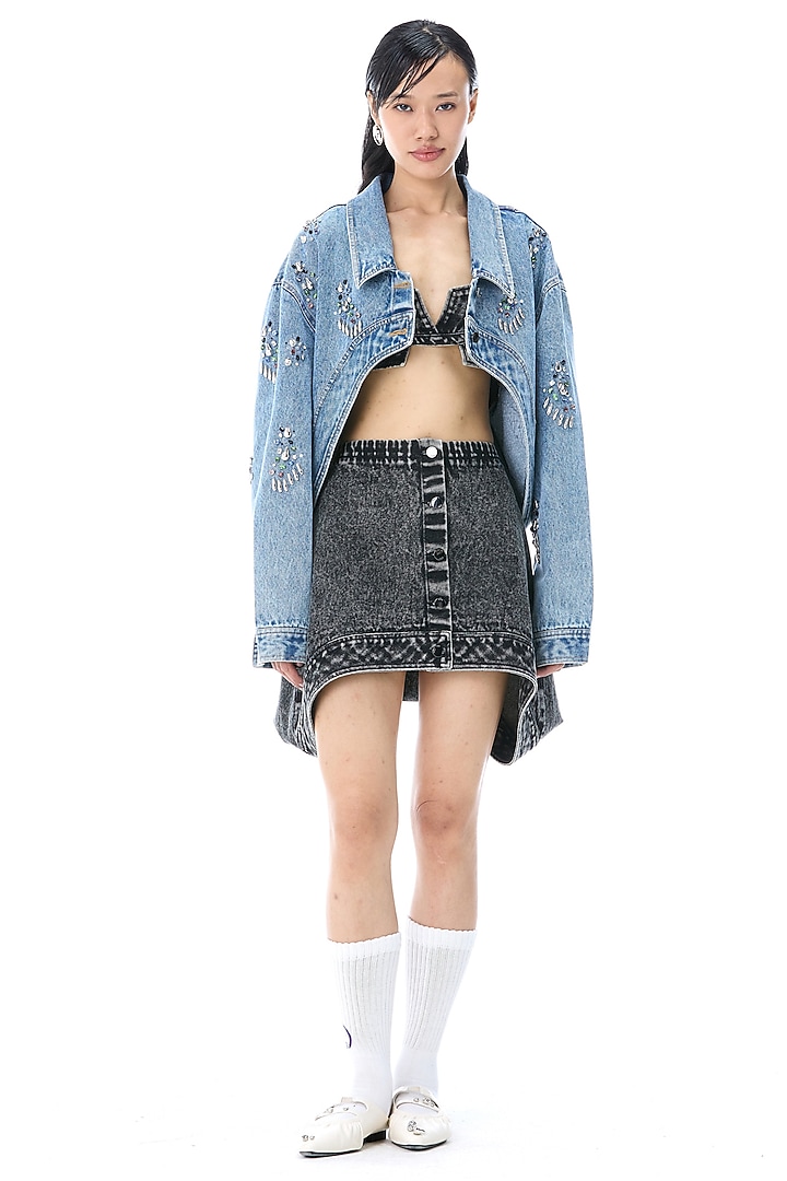 Denim Blue Cotton Oversized Jacket by Kanika Goyal at Pernia's Pop Up Shop