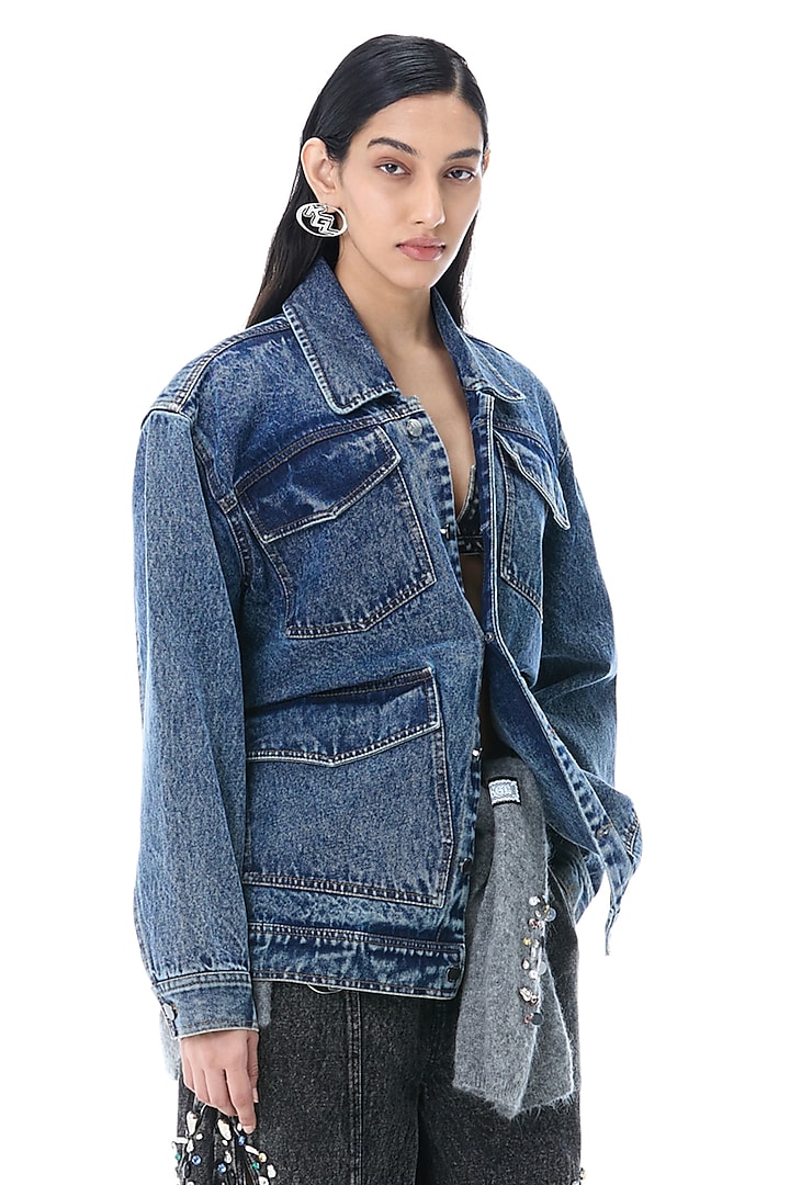 Dark Blue Denim Cotton Structured Jacket by Kanika Goyal at Pernia's Pop Up Shop
