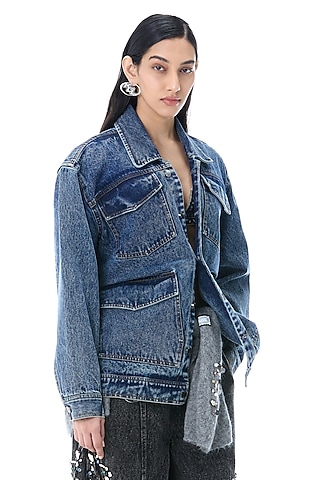 Dark Blue Denim Cotton Structured Jacket by Kanika Goyal