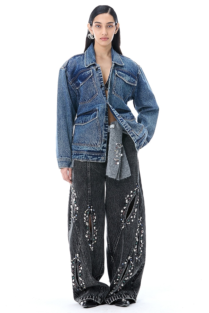 Dark Blue Denim Cotton Structured Jacket by Kanika Goyal at Pernia's Pop Up Shop