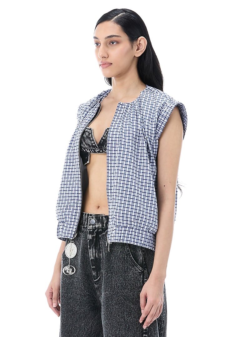 Light Blue Cotton Cropped Plaid Gilet by Kanika Goyal at Pernia's Pop Up Shop