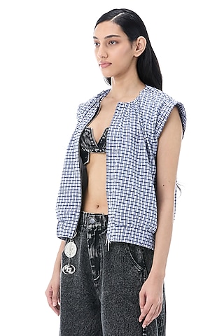 Light Blue Cotton Cropped Plaid Gilet by Kanika Goyal