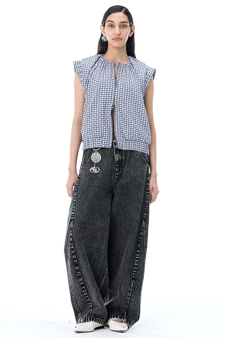 Light Blue Cotton Cropped Plaid Gilet by Kanika Goyal at Pernia's Pop Up Shop