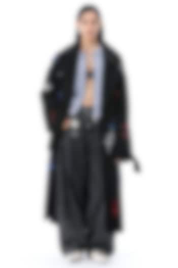 Black Acrylic Wool Embellished Oversized Coat by Kanika Goyal at Pernia's Pop Up Shop