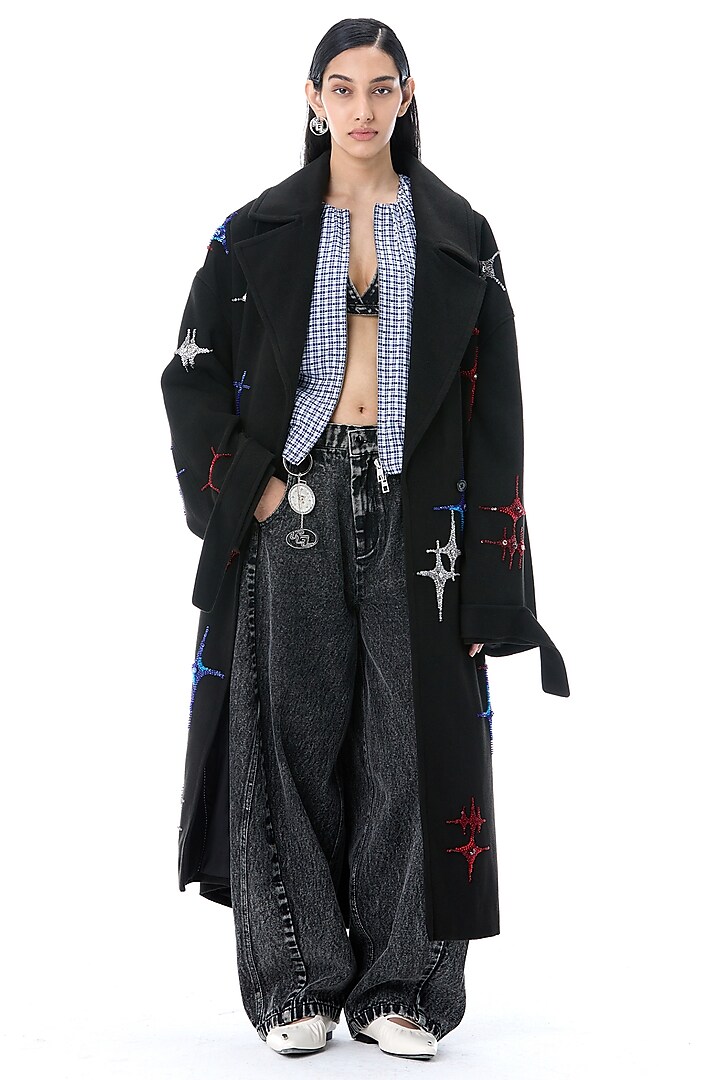 Black Acrylic Wool Embellished Oversized Coat by Kanika Goyal at Pernia's Pop Up Shop