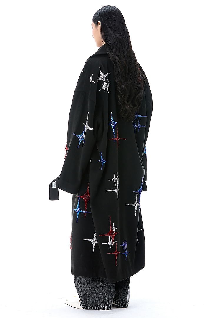 Black Acrylic Wool Embellished Oversized Coat by Kanika Goyal at Pernia's Pop Up Shop