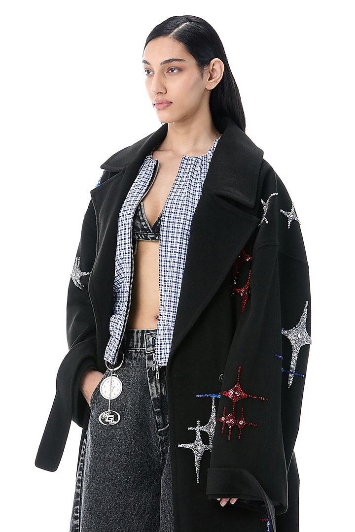 Black Acrylic Wool Embellished Oversized Coat by Kanika Goyal at Pernia's Pop Up Shop