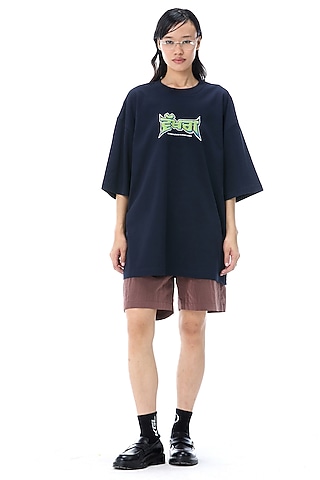 Navy Cotton Printed T-Shirt by Kanika Goyal