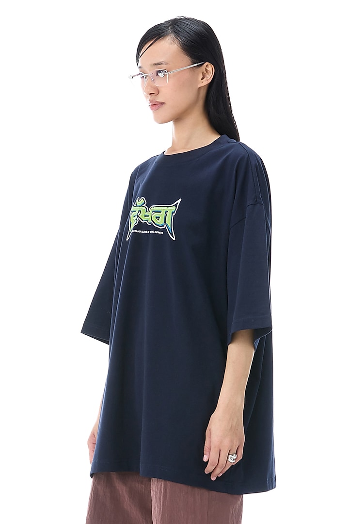 Navy Cotton Printed T-Shirt by Kanika Goyal at Pernia's Pop Up Shop