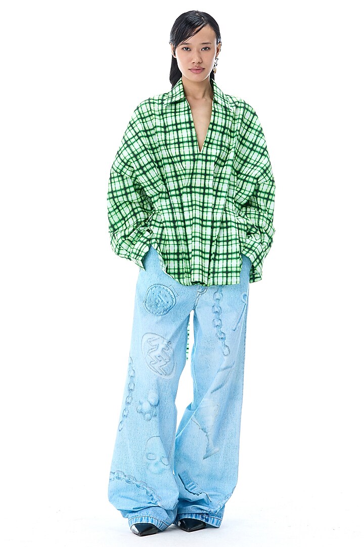 Light Blue Polyester Laser Printed Pants by Kanika Goyal at Pernia's Pop Up Shop