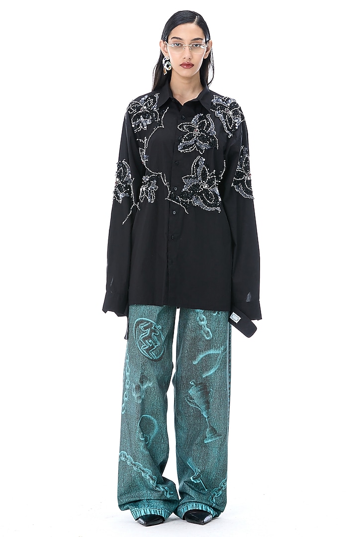 Black Cotton Embellished Shirt by Kanika Goyal at Pernia's Pop Up Shop