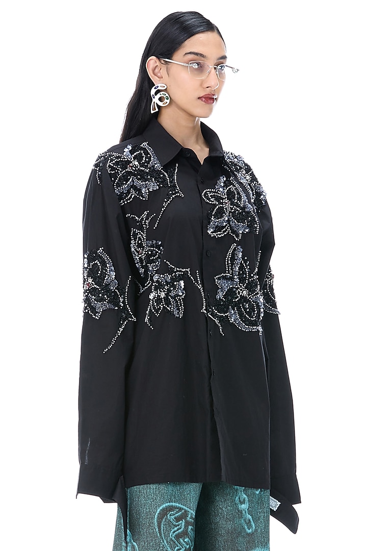 Black Cotton Embellished Shirt by Kanika Goyal at Pernia's Pop Up Shop