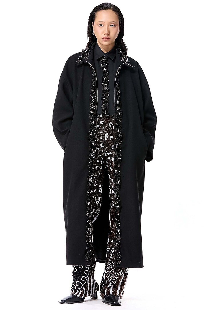 Black Acrylic & Wool Embellished Coat by Kanika Goyal at Pernia's Pop Up Shop