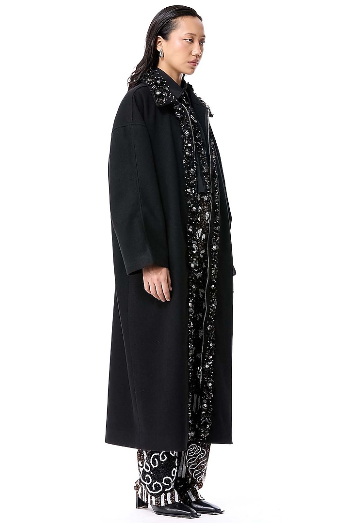 Black Acrylic & Wool Embellished Coat by Kanika Goyal at Pernia's Pop Up Shop