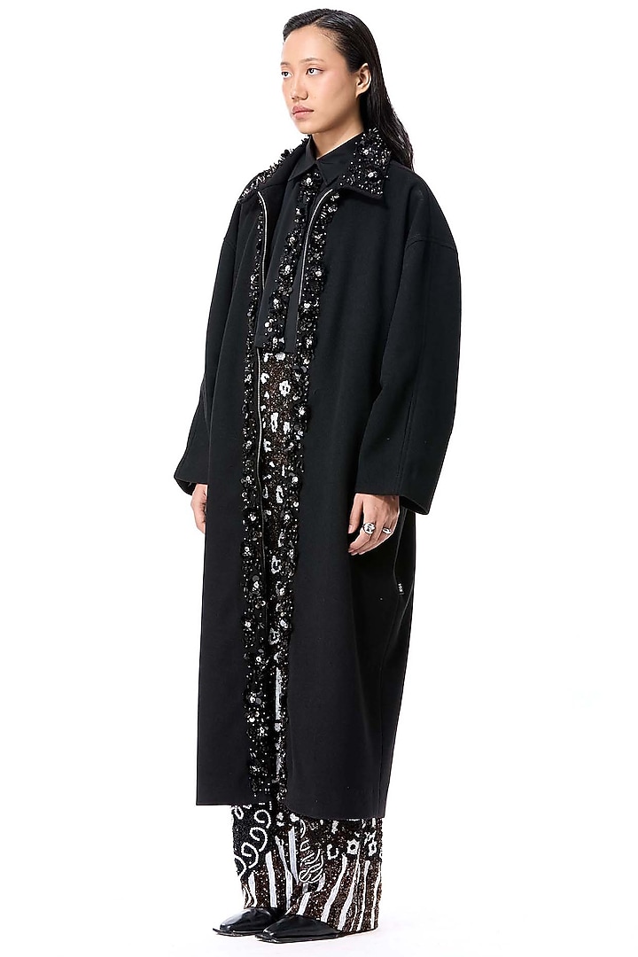Black Acrylic & Wool Embellished Coat by Kanika Goyal at Pernia's Pop Up Shop