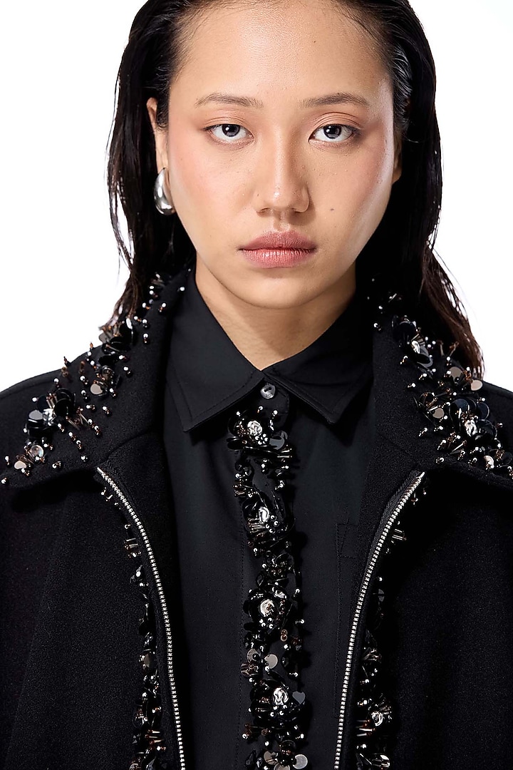 Black Acrylic & Wool Embellished Coat by Kanika Goyal at Pernia's Pop Up Shop