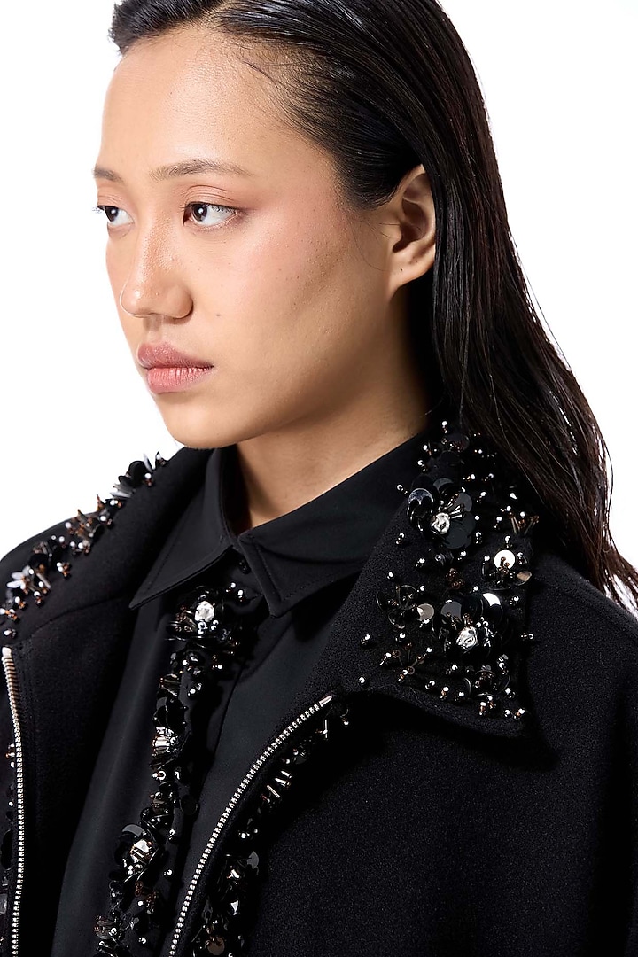 Black Acrylic & Wool Embellished Coat by Kanika Goyal at Pernia's Pop Up Shop
