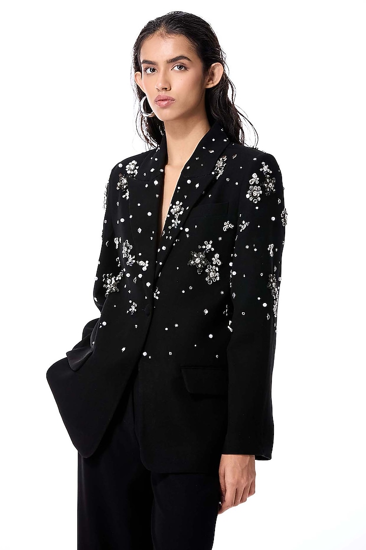 Black Polyester Embellished Blazer by Kanika Goyal at Pernia's Pop Up Shop