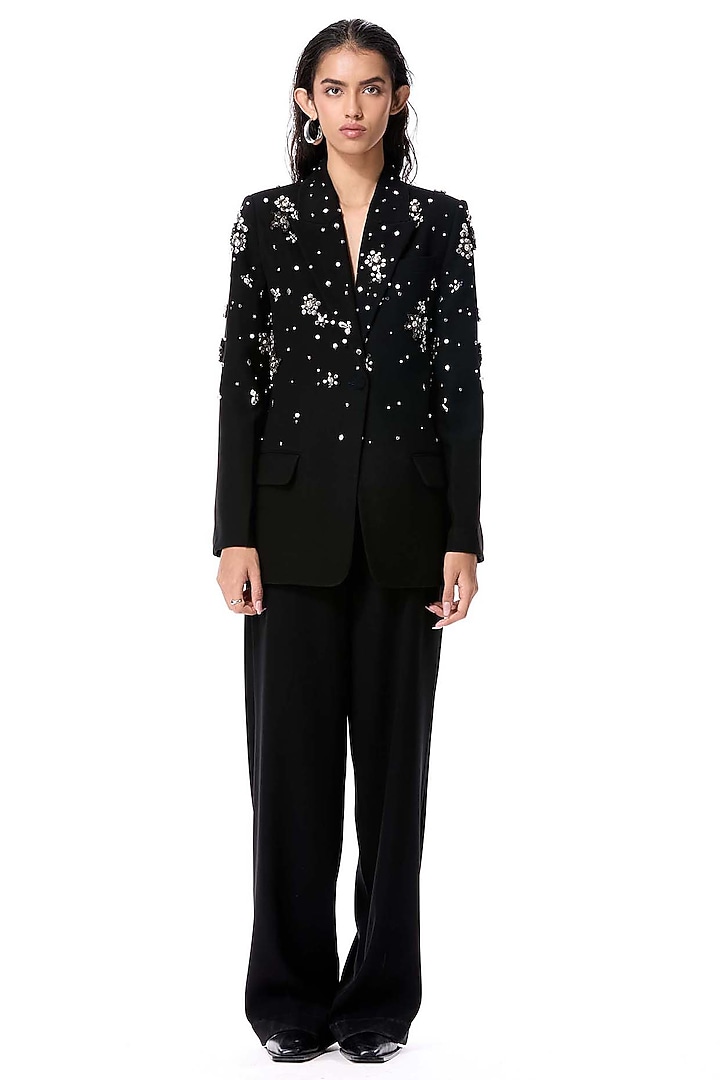 Black Polyester Embellished Blazer by Kanika Goyal at Pernia's Pop Up Shop