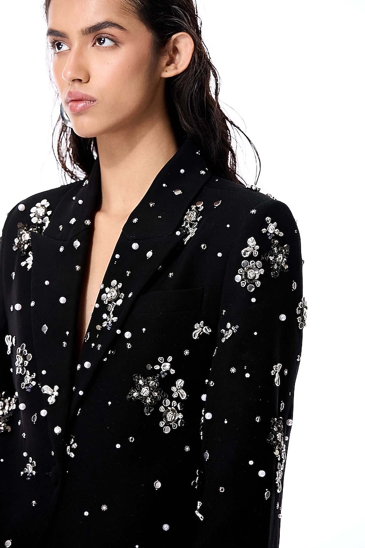 Black Polyester Embellished Blazer by Kanika Goyal at Pernia's Pop Up Shop