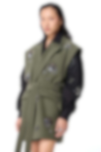 Olive Green Acrylic & Wool Embellished Vest by Kanika Goyal at Pernia's Pop Up Shop