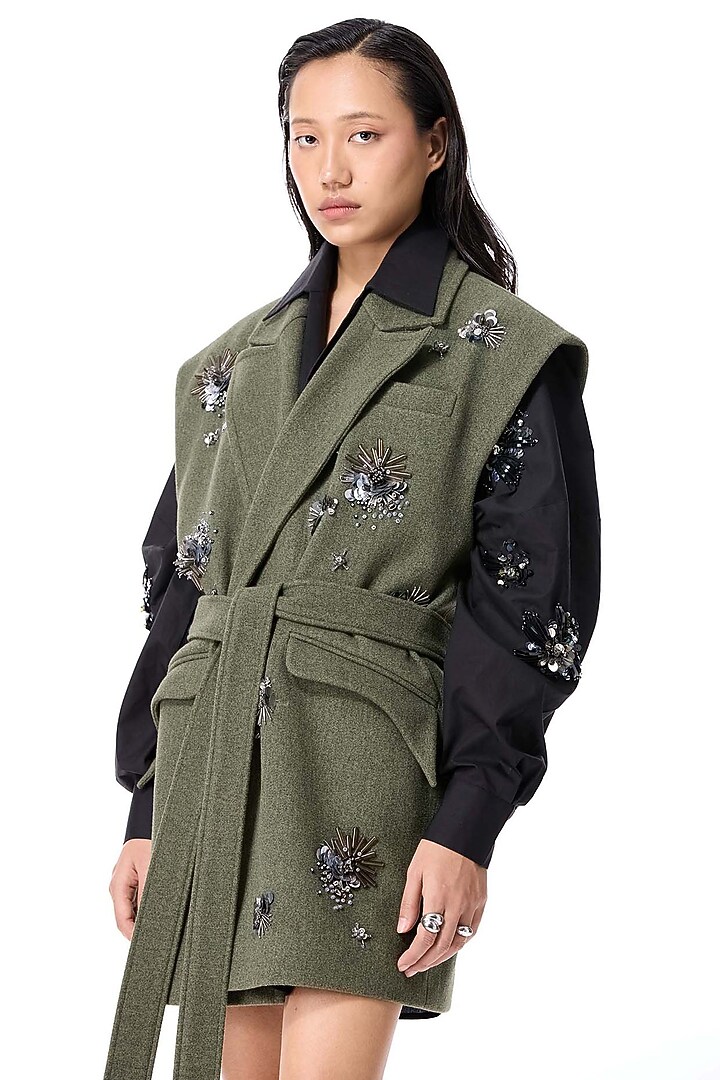 Olive Green Acrylic & Wool Embellished Vest by Kanika Goyal at Pernia's Pop Up Shop