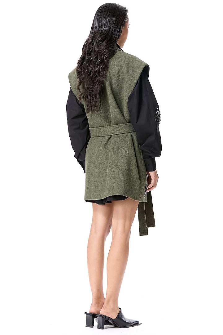 Olive Green Acrylic & Wool Embellished Vest by Kanika Goyal at Pernia's Pop Up Shop