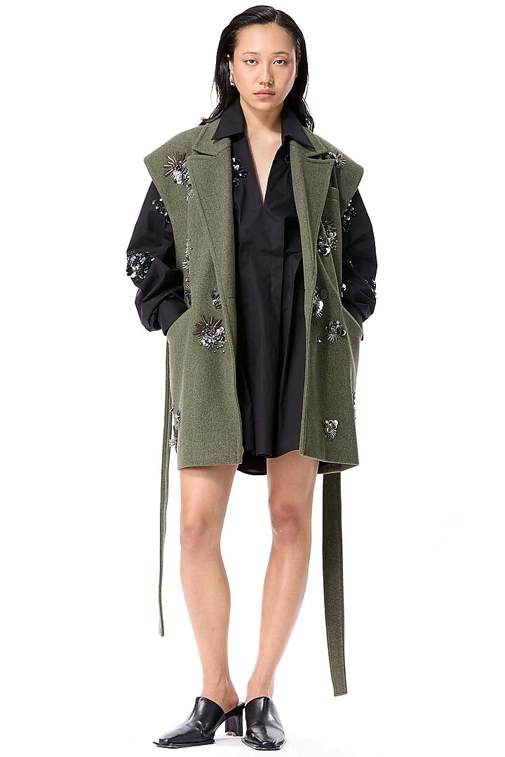 Olive Green Acrylic & Wool Embellished Vest by Kanika Goyal at Pernia's Pop Up Shop