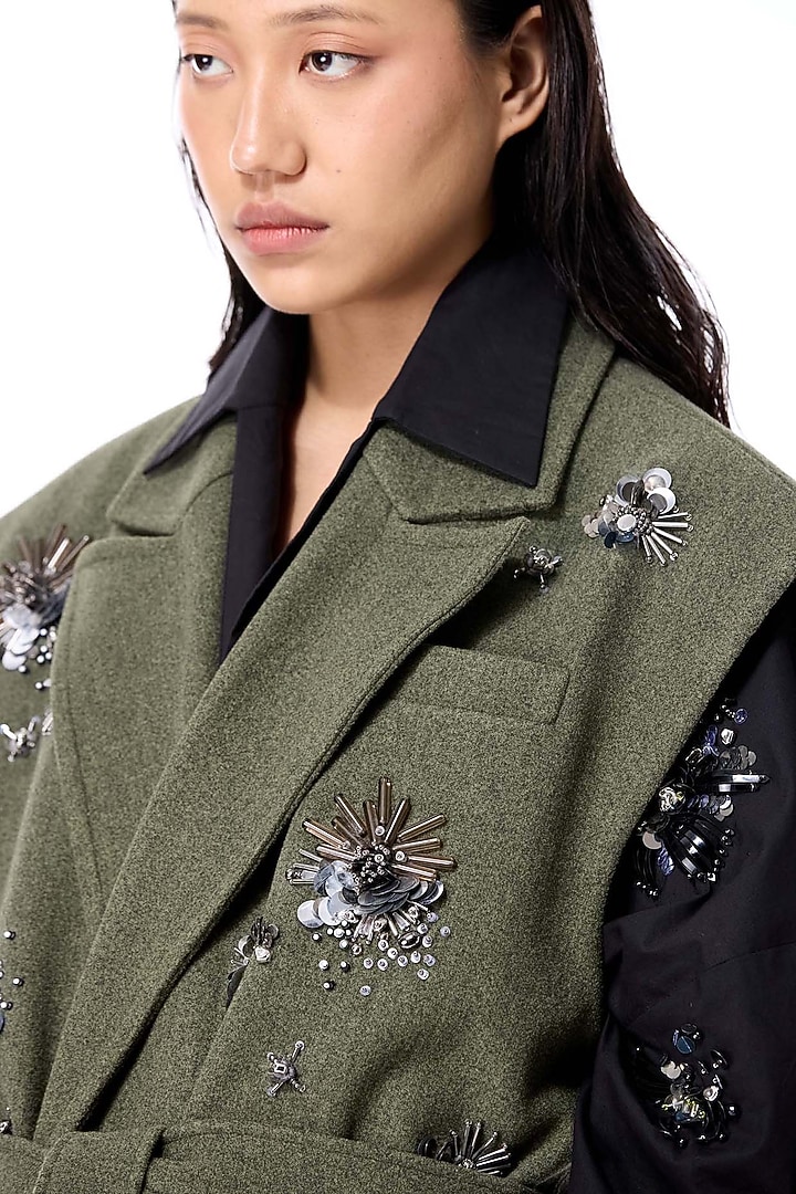 Olive Green Acrylic & Wool Embellished Vest by Kanika Goyal at Pernia's Pop Up Shop