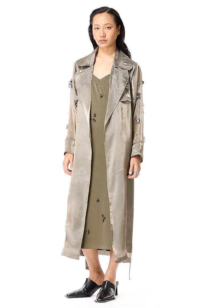 Olive Green Polyester Embellished Trench Coat by Kanika Goyal at Pernia's Pop Up Shop