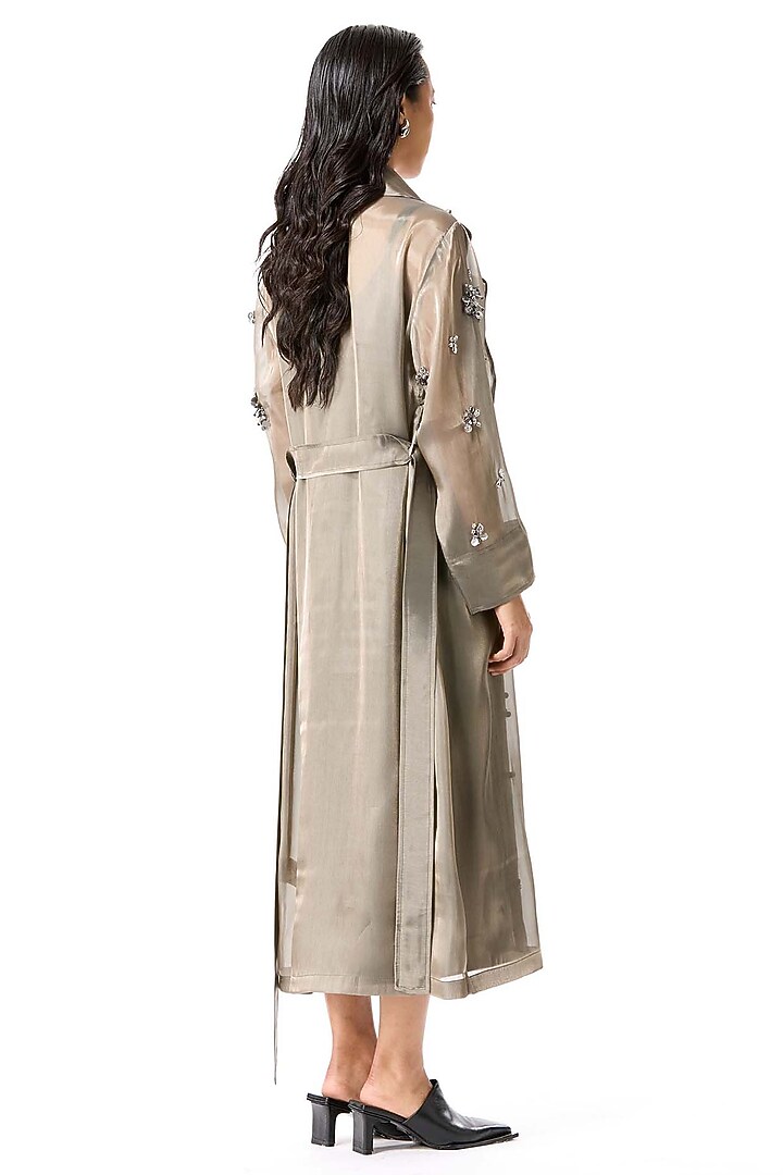 Olive Green Polyester Embellished Trench Coat by Kanika Goyal at Pernia's Pop Up Shop