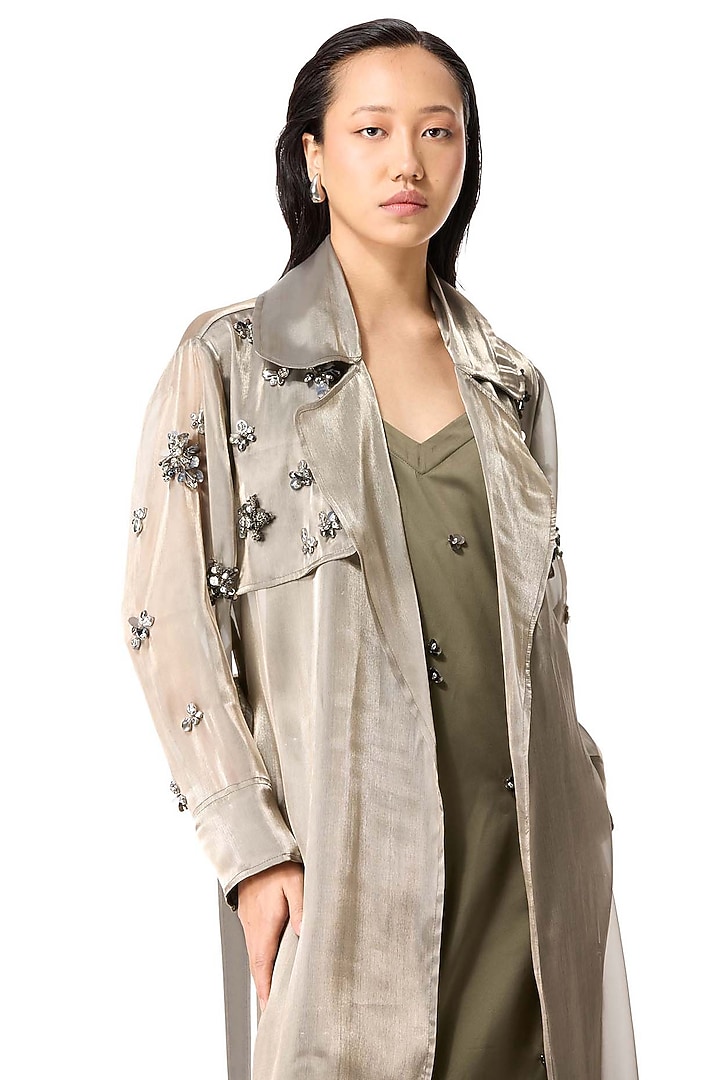 Olive Green Polyester Embellished Trench Coat by Kanika Goyal at Pernia's Pop Up Shop