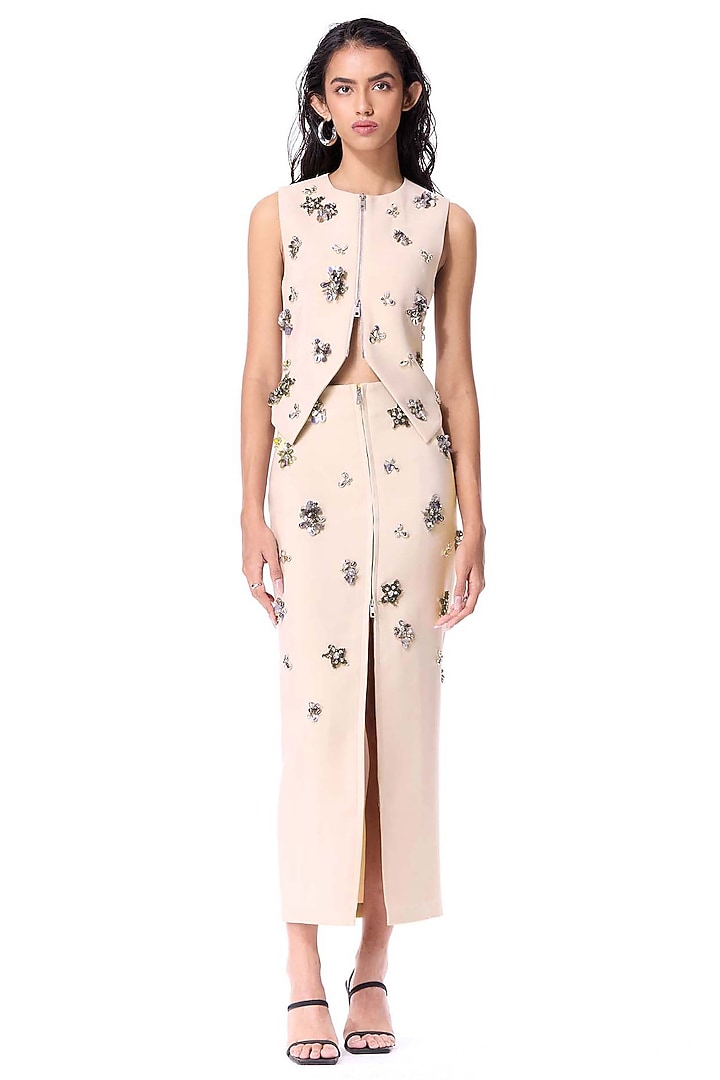 Beige Polyester Embellished Midi Skirt by Kanika Goyal at Pernia's Pop Up Shop