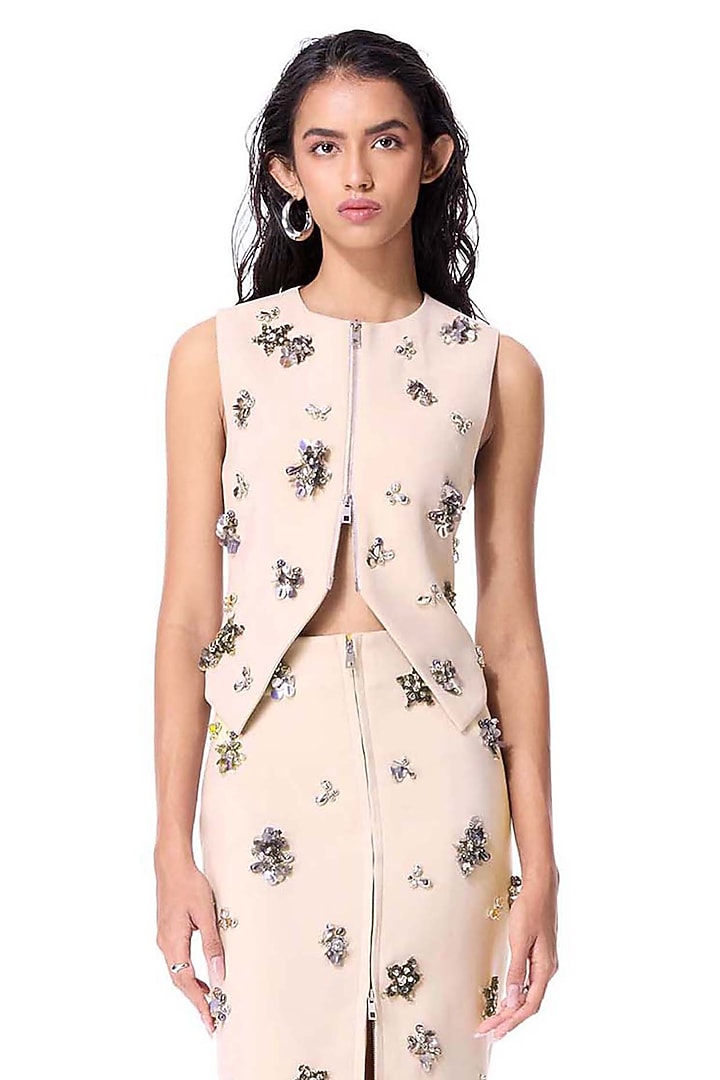 Beige Polyester Embellished Midi Skirt by Kanika Goyal at Pernia's Pop Up Shop