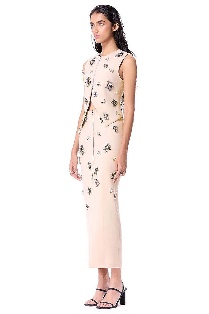 Beige Polyester Embellished Midi Skirt by Kanika Goyal at Pernia's Pop Up Shop