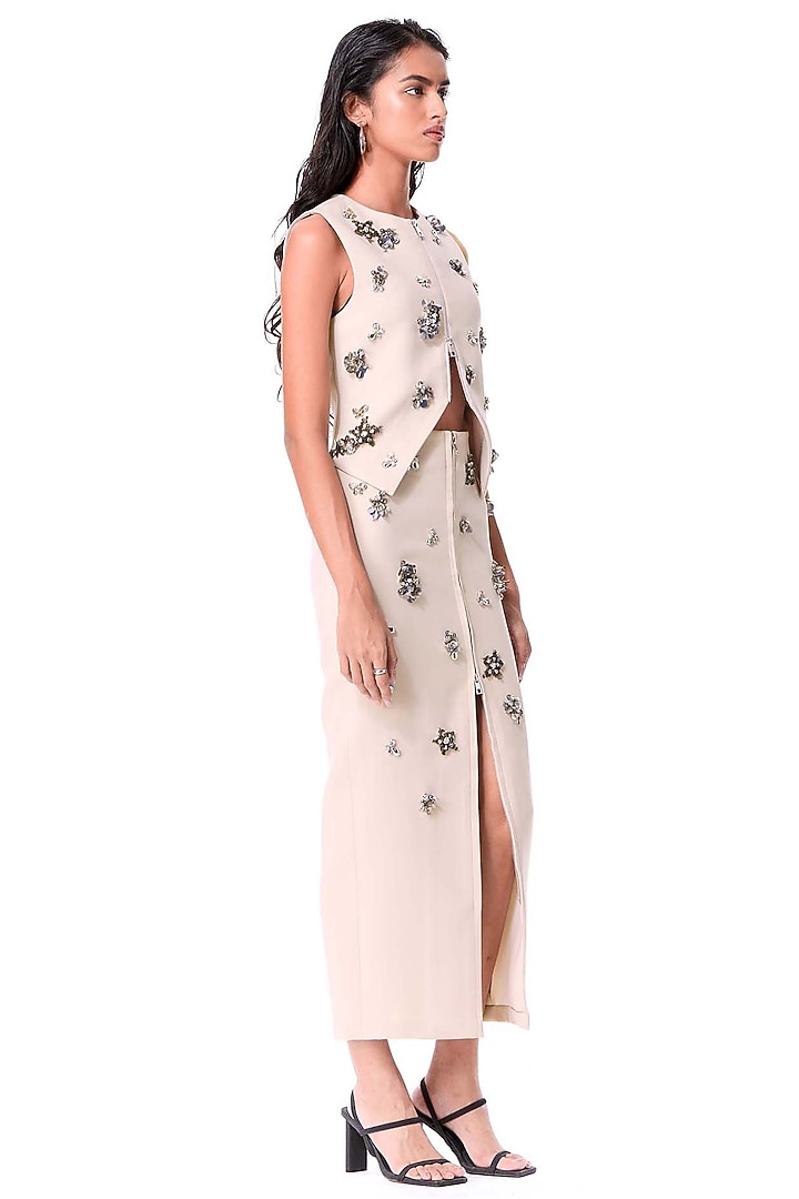 Beige Polyester Embellished Midi Skirt by Kanika Goyal at Pernia's Pop Up Shop
