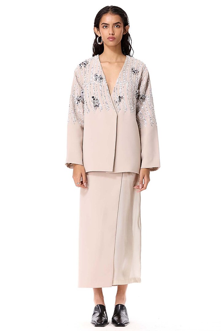 Beige Polyester Embellished Blazer by Kanika Goyal at Pernia's Pop Up Shop